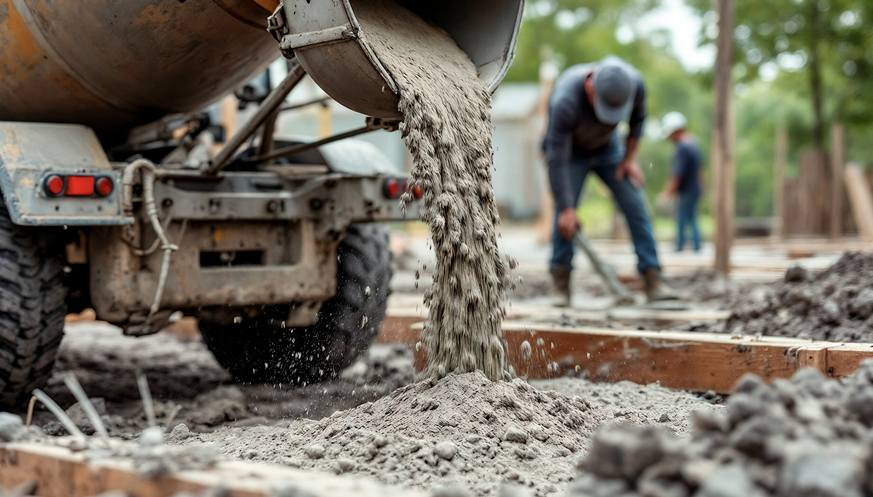 concrete aggregate being poured on job site.